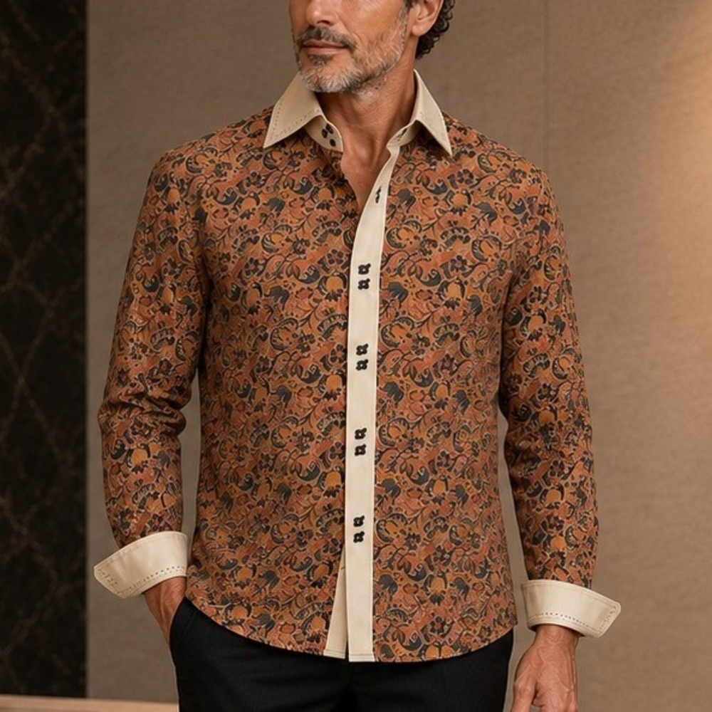 Biani of Italy Mens Orange Floral Jacquard Dress Shirt French Cuff Pick Stitch